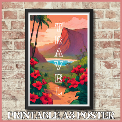 Printable motivational A3 poster with Hawaiian art - TRAVEL