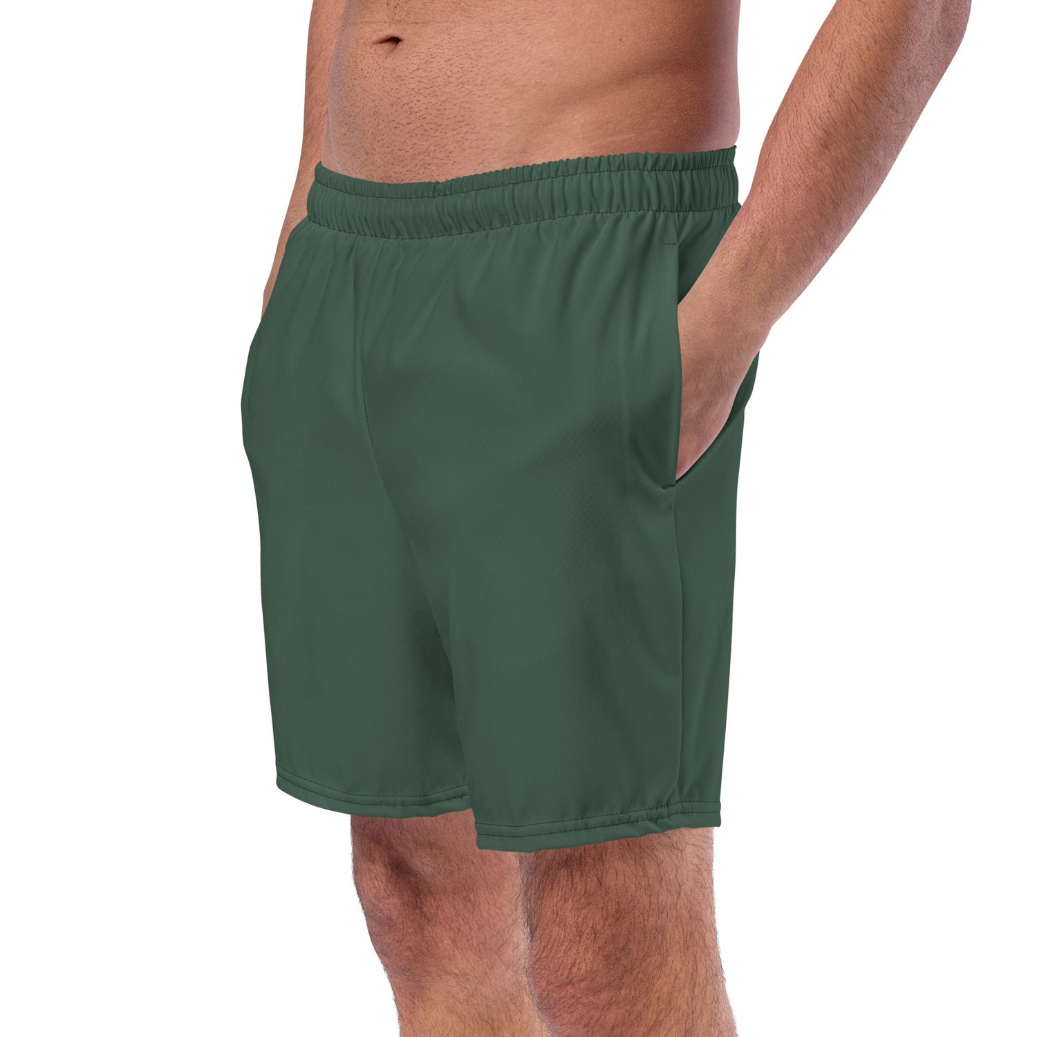 Olive green swim trunks with pockets.