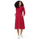 Hibiscus red long sleeve midi dress with pockets.