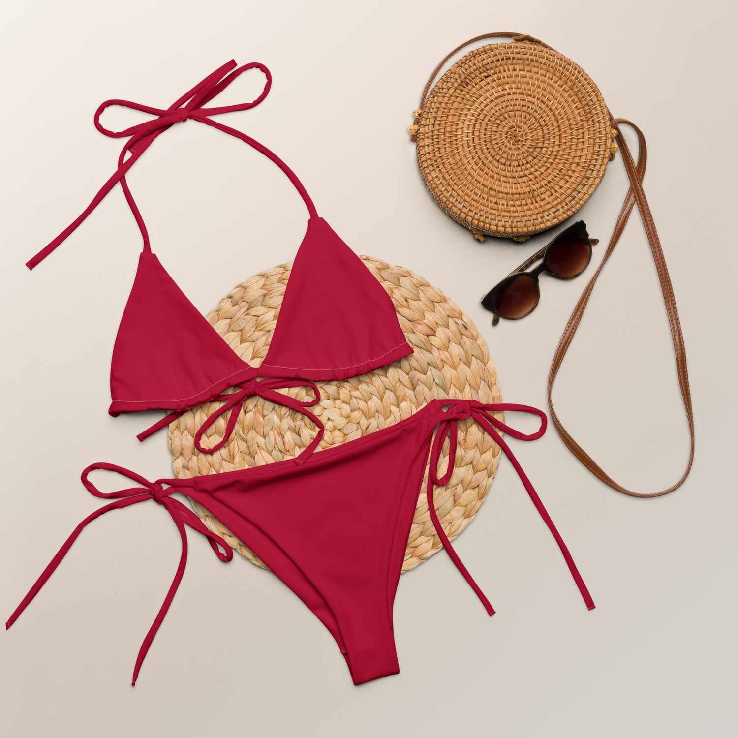 Hibiscus red string bikini set with red lining.