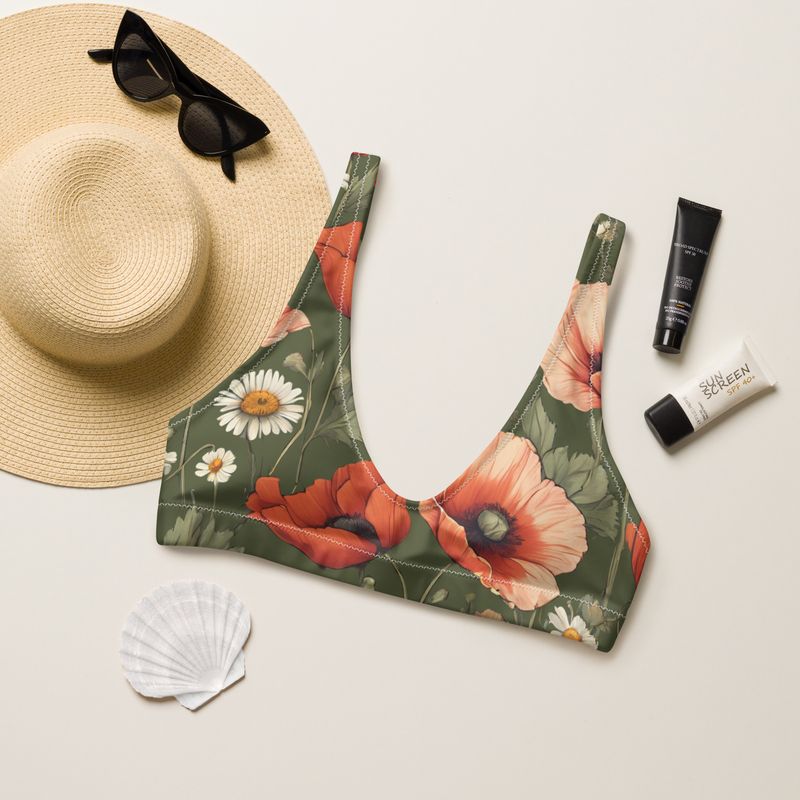 Olive-green padded bikini top with poppy flowers gives retro chic vibes.