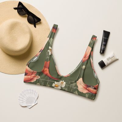 Olive green padded bikini top with poppy flowers