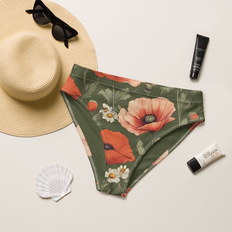 Olive green high-waisted bikini bottom with poppy flowers is made from recycled material.