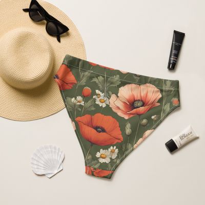 Olive green high-waisted bikini bottom with poppy flowers