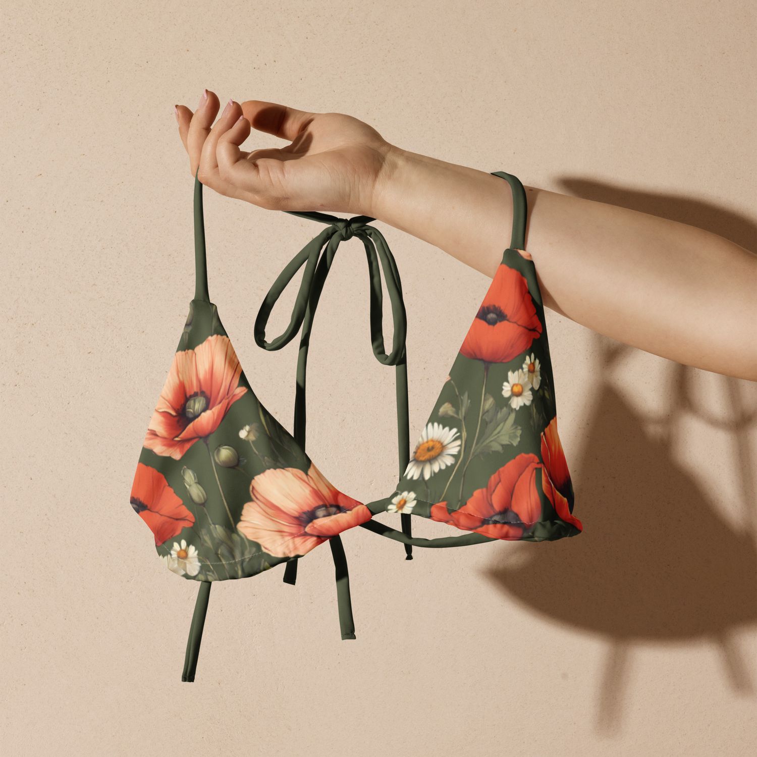 Olive green triangle bikini top with poppy flowers is stunning.