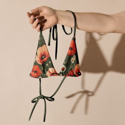 Olive green triangle bikini top with poppy flowers