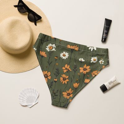 Olive green high-waisted bikini bottom with retro flowers