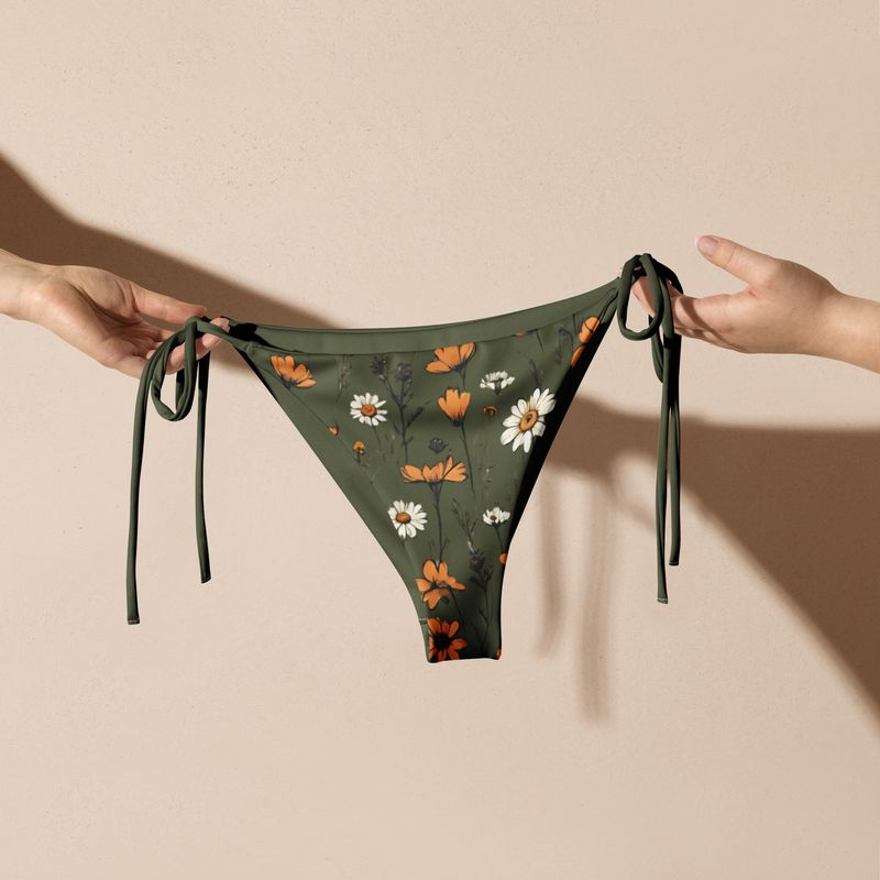 Olive green string bikini bottoms with retro flowers for all who love retro chic style bikinis.