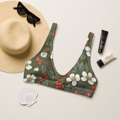 Olive green padded bikini top with forest flowers and wild berries is whimsical.