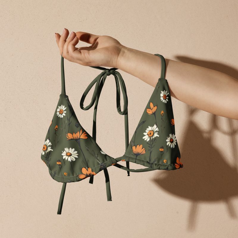 Olive green triangle bikini top with retro flowers is retro chic.