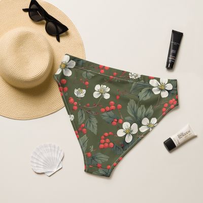 Olive green high-waisted bikini bottom with forest flowers and wild berries