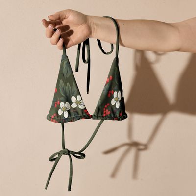 Olive green triangle bikini top with forest flowers and wild berries