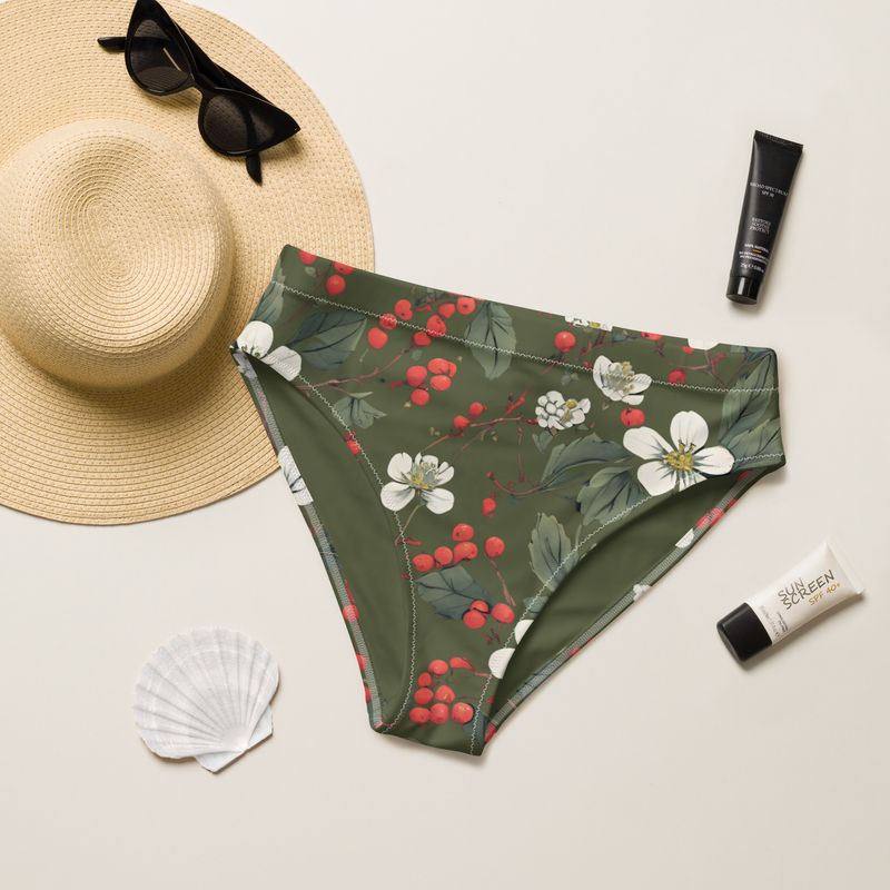 Olive green high-waisted bikini bottoms with forest flowers and wild berries come in sizes up to 3XL.