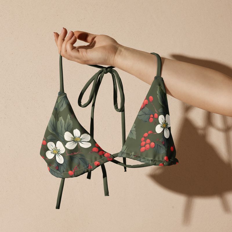 Olive green triangle bikini top with forest flowers and wild berries is whimsical.