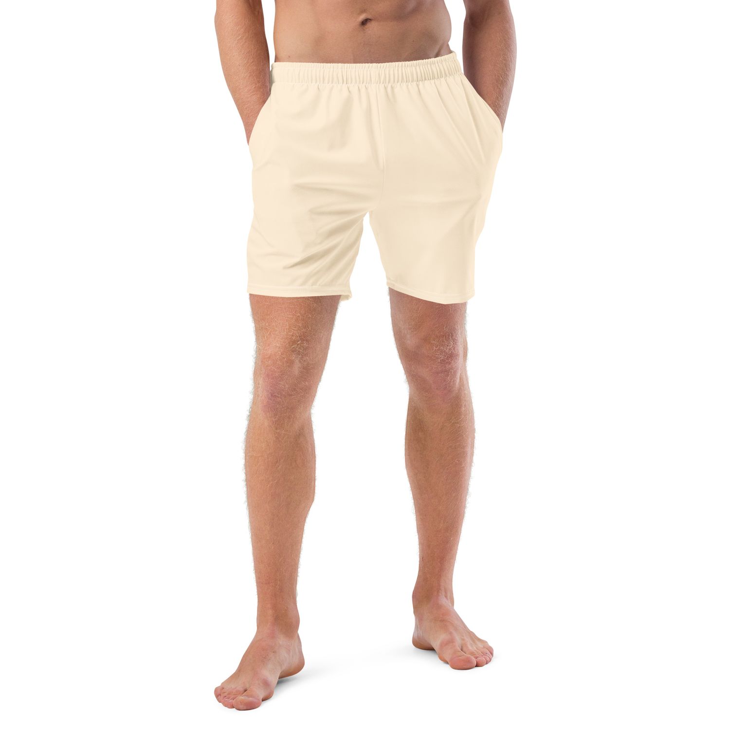 Retro yellow swim trunks have pockets and an anti-chafe lining.