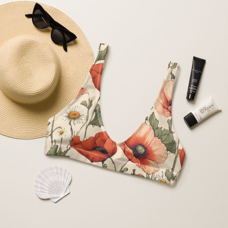 Retro yellow padded bikini top with poppy flowers and daisy flowers.