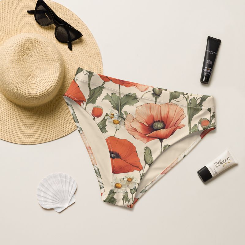 Retro yellow high-waisted bikini bottom with poppy flowers has a retro yellow lining. Free worldwide shipping.