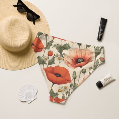 Retro yellow high-waisted bikini bottom with poppy flowers