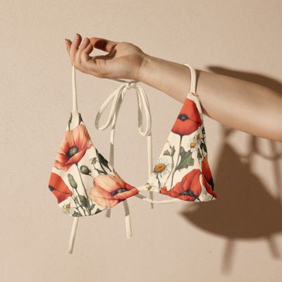 Retro yellow bikini top with stunning poppy flowers and daisies.