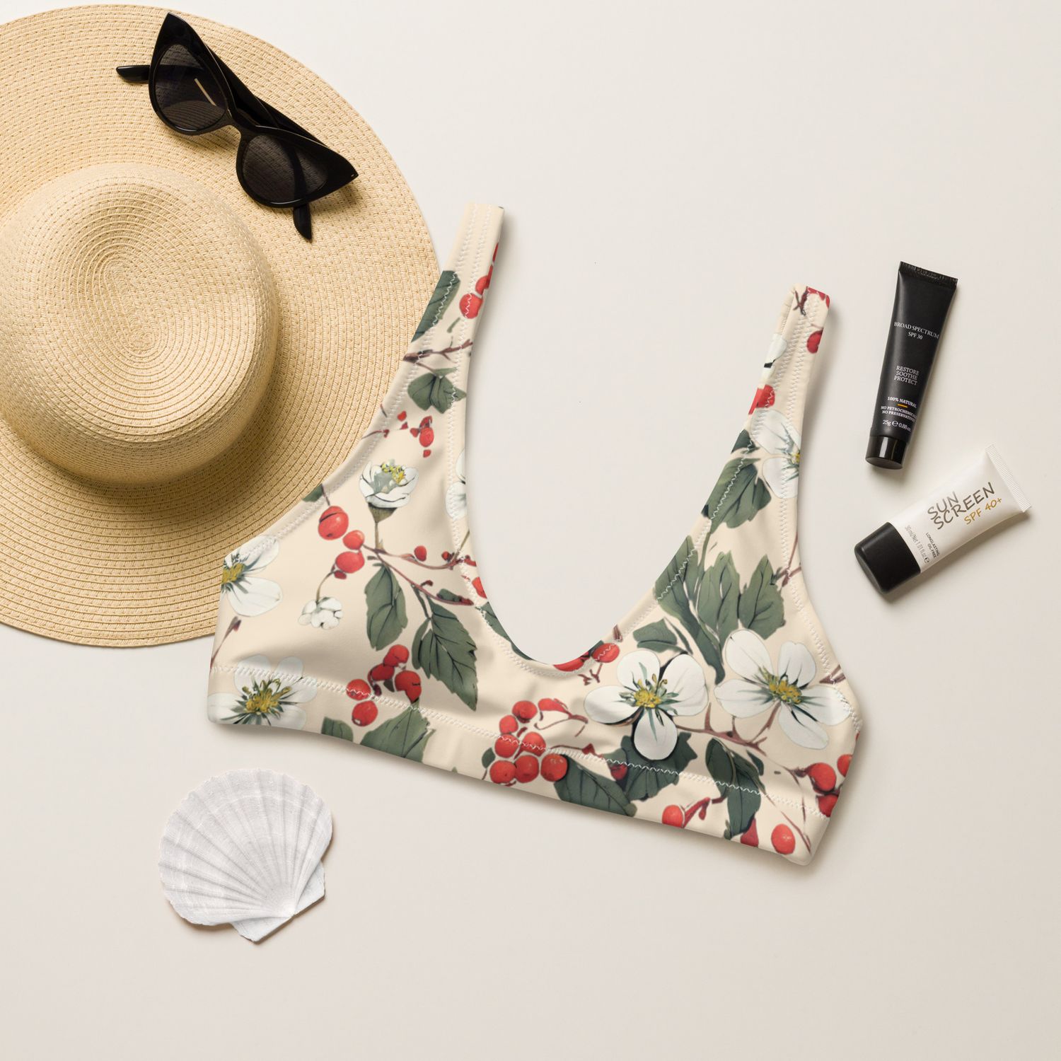 Retro yellow padded bikini top with forest flowers and wild berries.
