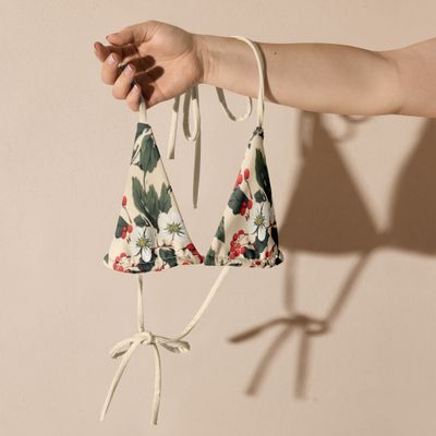 Retro yellow recycled string bikini top with forest flowers and wild berries