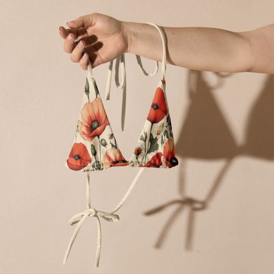 Retro yellow bikini top with poppy flowers