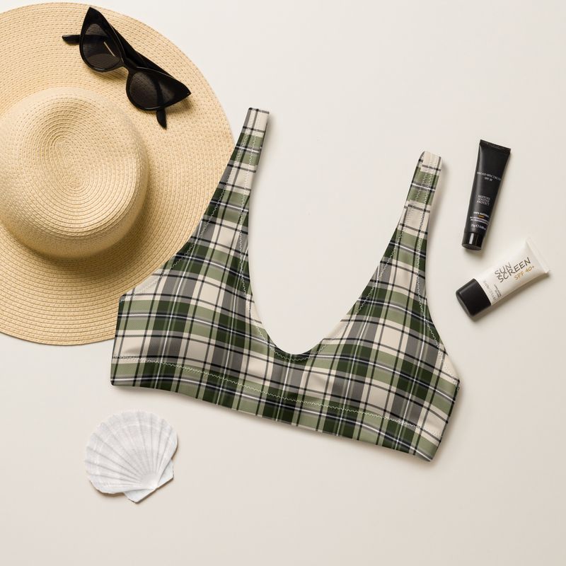 Olive green plaid bikini top is a classic choice.