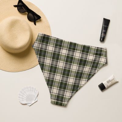 Olive green plaid high-waisted bikini bottom