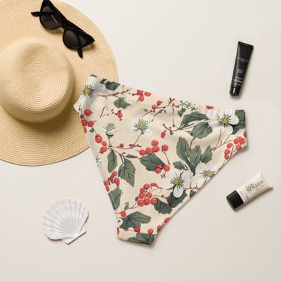 Retro yellow high-waisted bikini bottom with forest flowers and wild berries