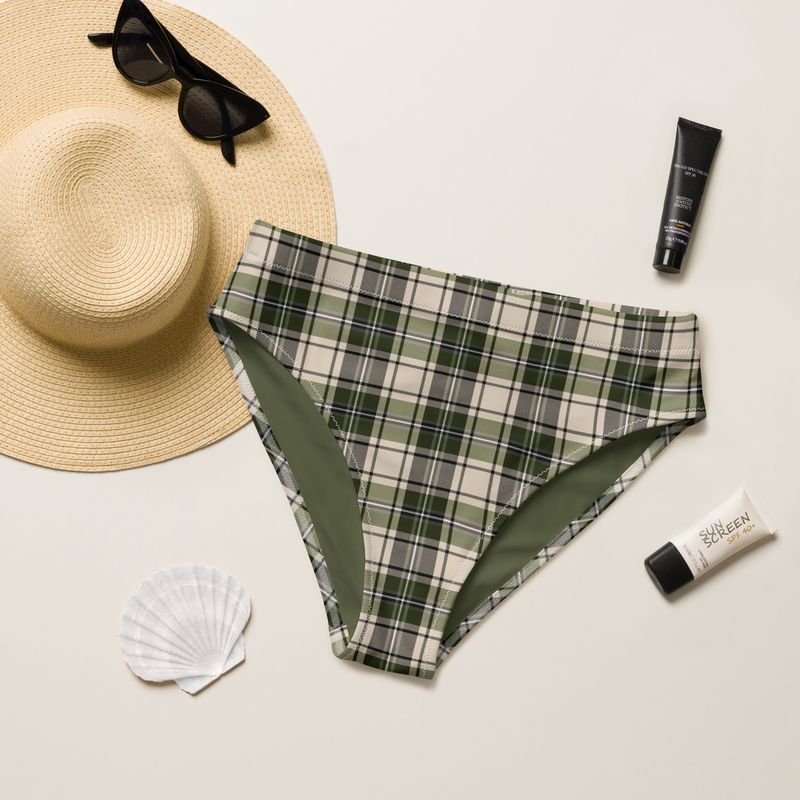 Olive green plaid high-waisted bikini bottoms have olive green lining. Timeless bikini bottoms. Sizes from XS to 3XL.