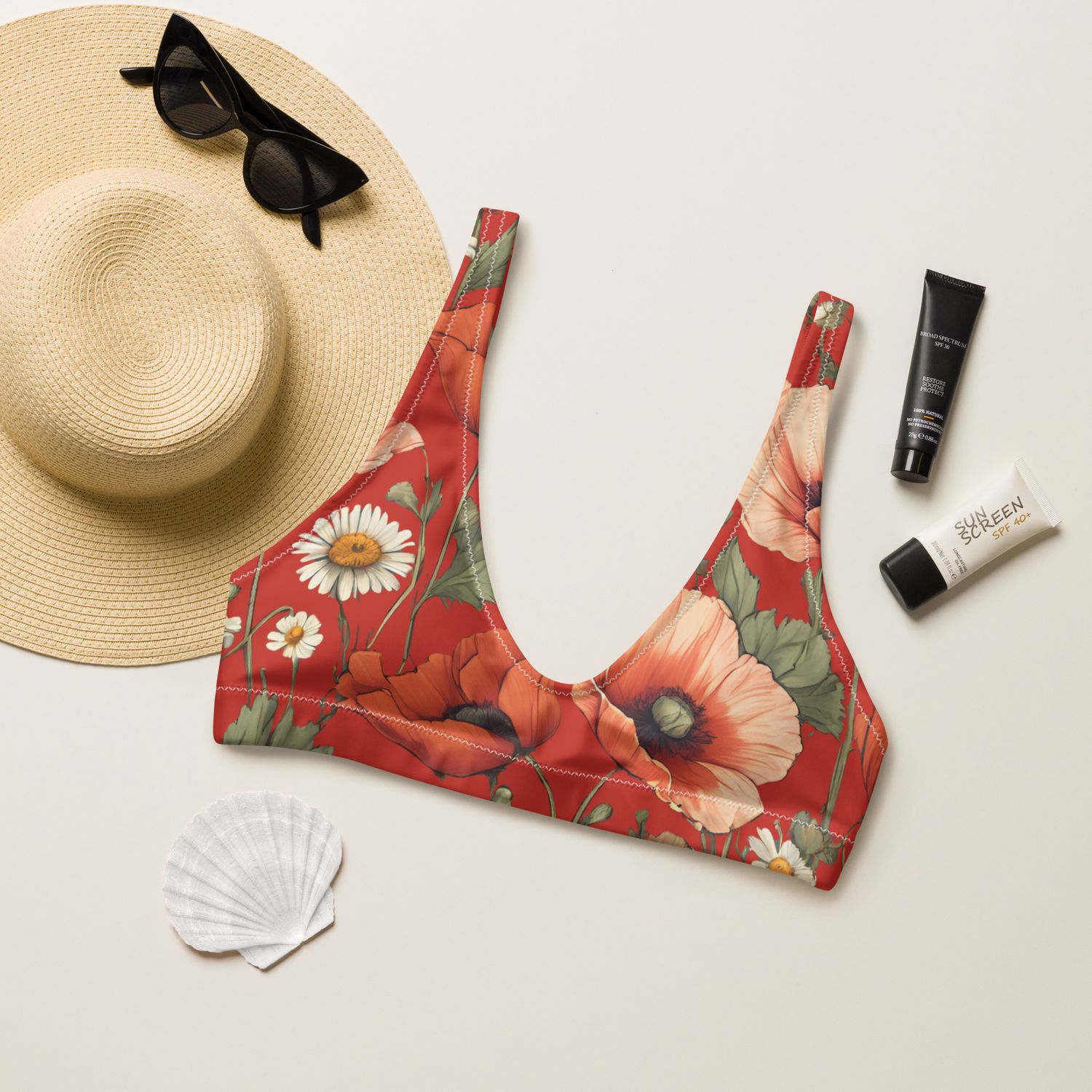 Orange red padded bikini top with beautiful poppy and daisy flowers.