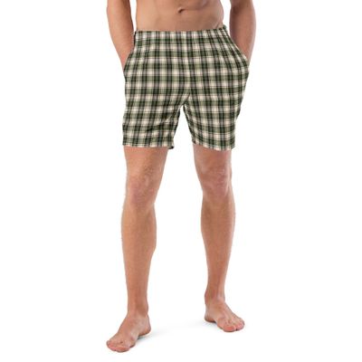 Olive green plaid swim trunks.