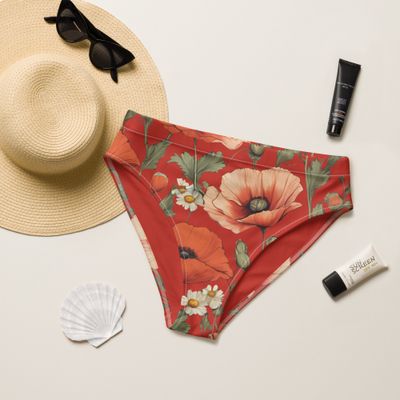 An orange-red high-waisted bikini bottom with poppy flowers is stunning. Sizes from XS to 3XL.