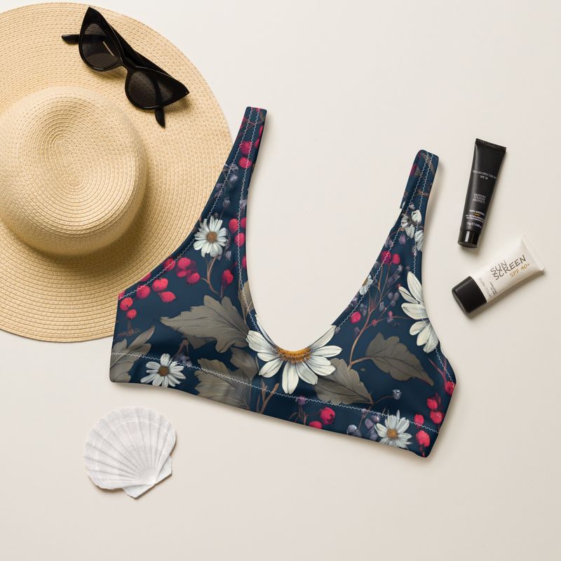Bohemian padded bikini top features the beauty of wildflowers and wild berries. The lining is grey-blue. Padding is removable.