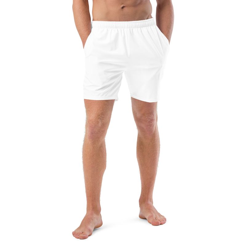 White swim trunks come with pockets and an anti-chafe lining. Suitable also for beach weddings, and bachelor parties. 