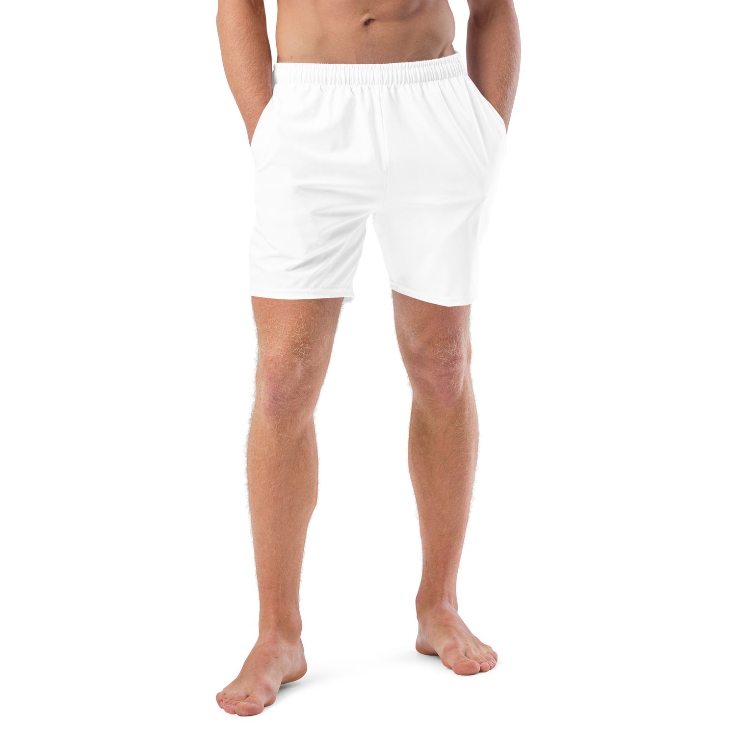 White swim trunks come with pockets and an anti-chafe lining. Suitable also for beach weddings, and bachelor parties. 