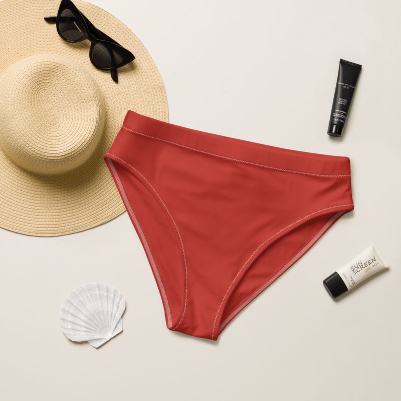 Orange-red high waisted bikini bottoms are flattering on most body types.