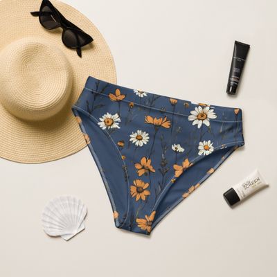 Grey blue high-waisted bikini bottoms with retro flowers are flattering on most body types.