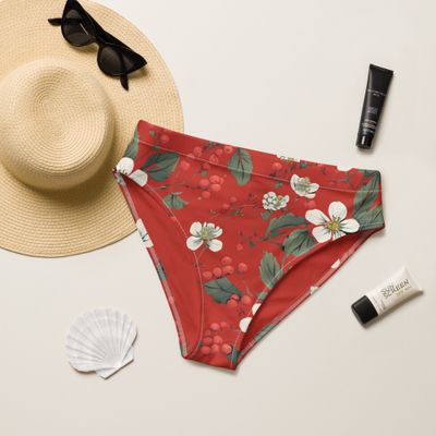Orange-red high waisted bikini bottoms with forest flowers and wild berries have an orange-red lining. Sizes from XS to 3XL.