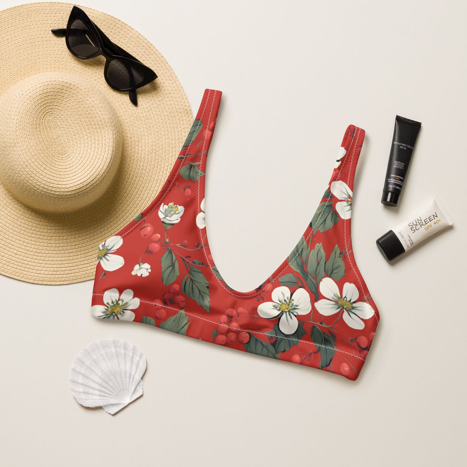 Orange-red padded bikini top with forest flowers and wild berries is stunning.