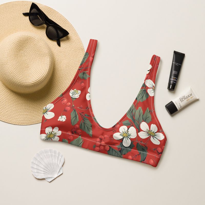Orange-red padded bikini top with forest flowers and wild berries is stunning.