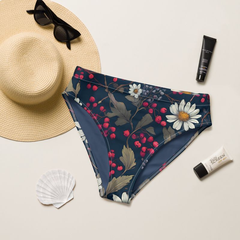 Bohemian high-waisted bikini bottoms feature the beauty of wildflowers and wild berries. The lining is grey-blue.