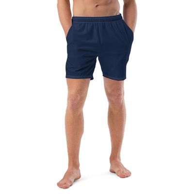Navy blue swim trunks have pockets and anti-chafe lining.