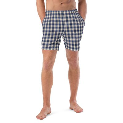 Men&#39;s swim trunks in grey-blue plaid have pockets and anti-chafe lining. Sizes from XS to 3XL.