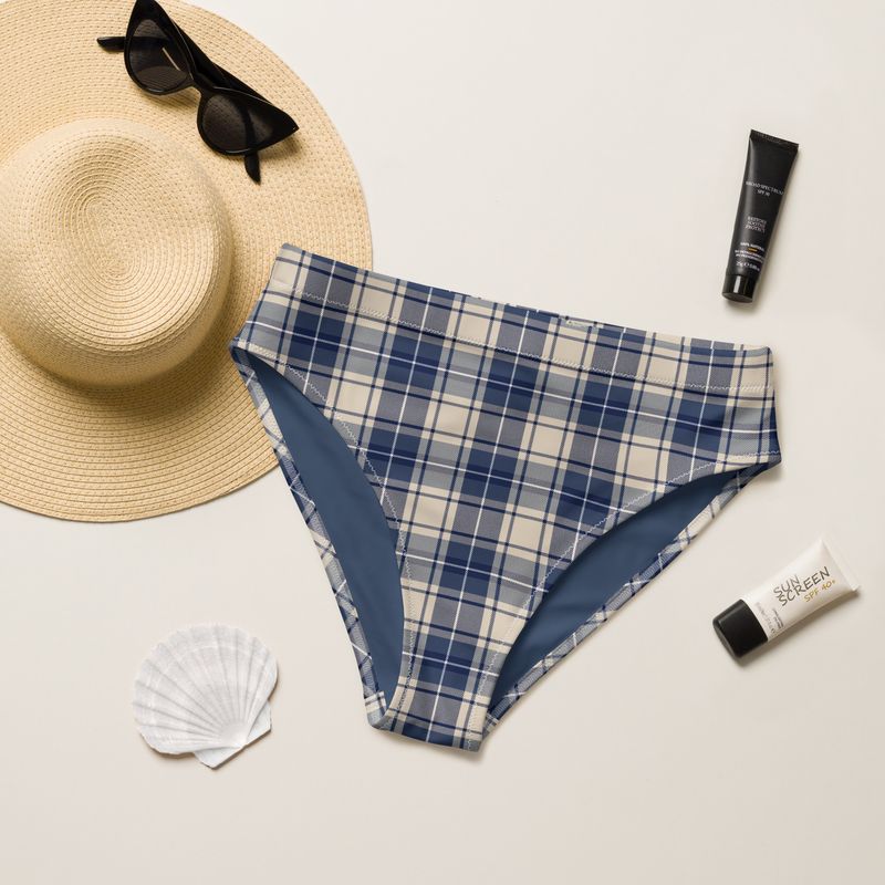 Grey blue plaid high-waisted bikini bottoms are flattering on most body types. The lining is grey blue solid color. Made from recycled material. Sizes from XS to 3XL. Free worldwide shipping.
