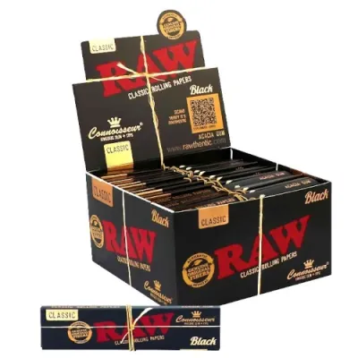 Display 24 Rolling paper booklet RAW BLACK KING SIZE CONNOISSEUR + TIPS 32 leaves