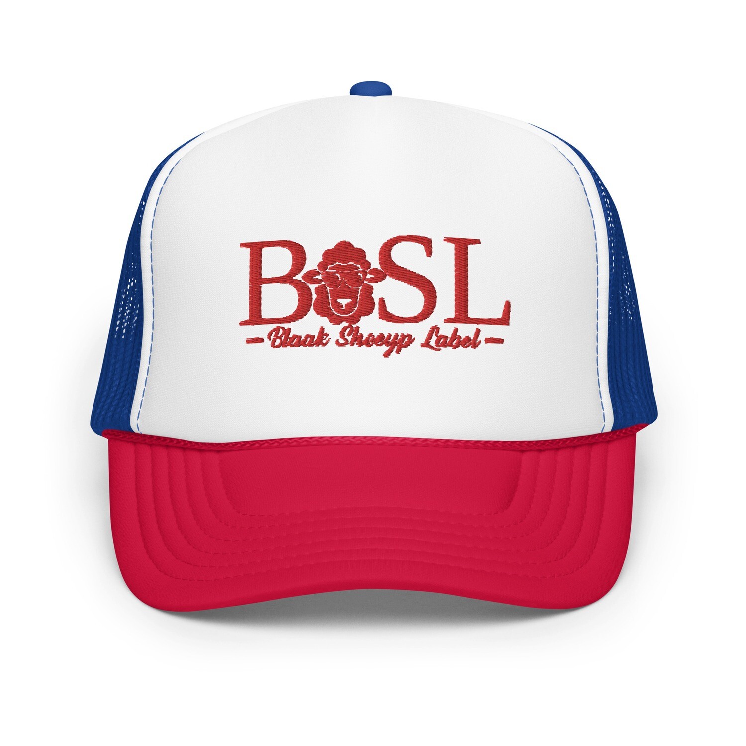 BLAAK SHEEYP LABEL TRUCKER HAT (MARCO POLO) COLLECTION (BLUE/RED) EMBROIDERY