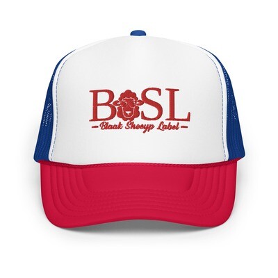 BLAAK SHEEYP LABEL TRUCKER HAT (MARCO POLO) COLLECTION (BLUE/RED) EMBROIDERY