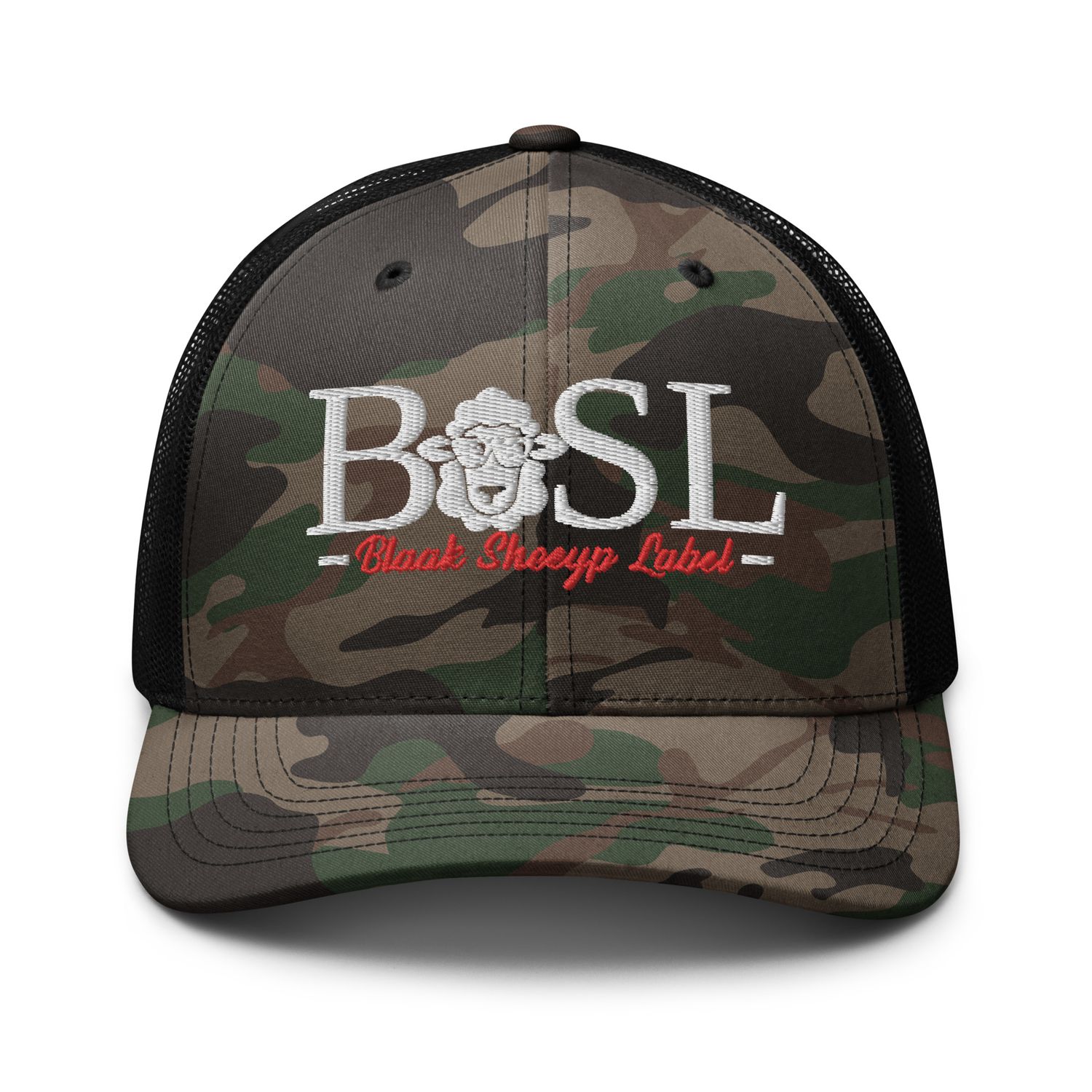 BLAAK SHEEYP LABEL TRUCKER HAT (MARCO POLO) (CAMO/BLACK) COLLECTION EMBROIDERY