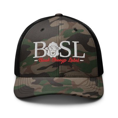 BLAAK SHEEYP LABEL TRUCKER HAT (MARCO POLO) (CAMO/BLACK) COLLECTION EMBROIDERY